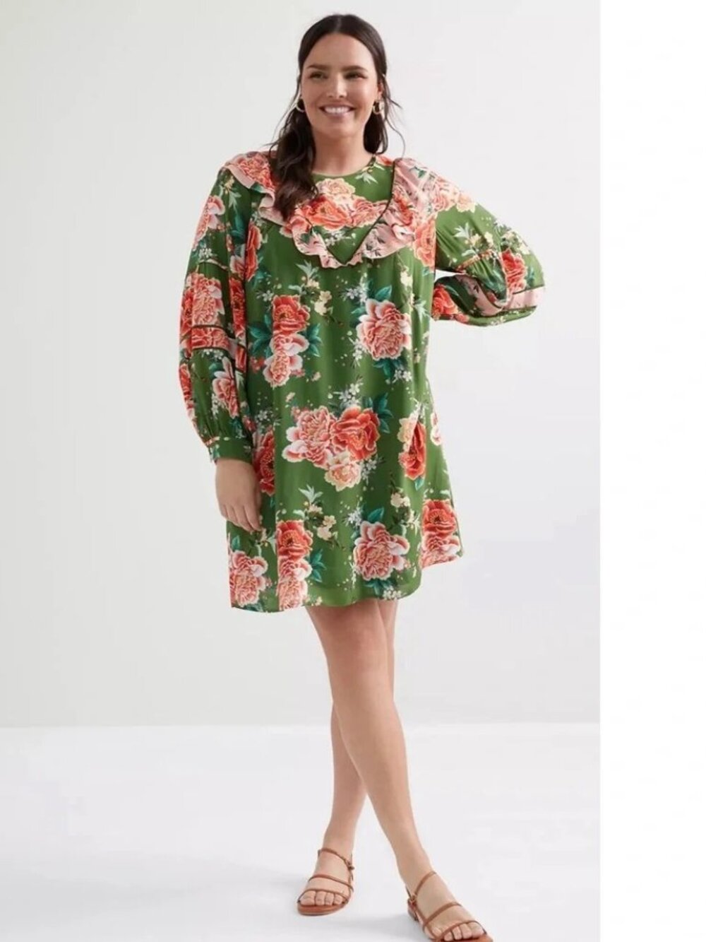Anthropologie FARM RIO Elinor Floral Green & Peach Ruffle Colorful Tunic Dress - Picture 5 of 12